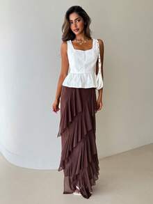 Aloruh Chân váy đi biển xếp tầng họa tiết hoa, chất liệu chiffon thanh lịch, vạt bất đối xứng, thích hợp cho kỳ nghỉ hè. - màu nâu - Xem 4