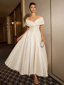 Poshira Elegant Shimmering Satin Off-The-Shoulder Backless A-Line Ball Gown, Glamorous Wedding Birthday Party Prom Dress - Apricot - View 6