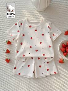 SHEIN 2件套少女休闲优雅简约草莓爱心印花圆领T恤短裤套装，适合春、夏、秋季日常穿着 - 杏色 - 查看 1