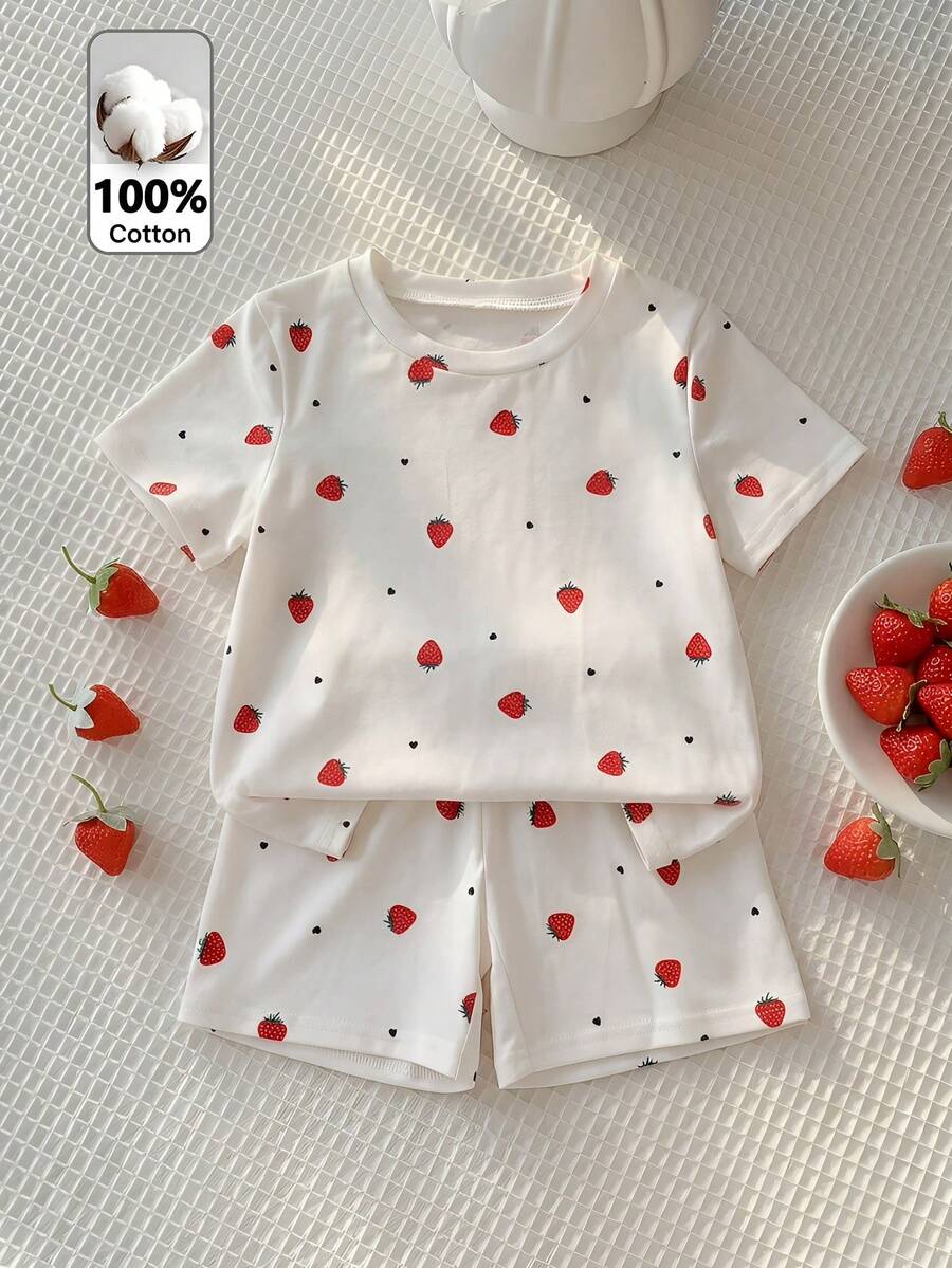 SHEIN 2件套少女休闲优雅简约草莓爱心印花圆领T恤短裤套装，适合春、夏、秋季日常穿着 - 杏色 - 查看 1