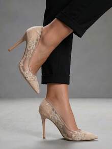 CUCCOO SZL Sexy And Stylish Pointed Clear Lace Heels For Parties, Date Nights, Spring Casual Looks And Christmas Eve Looks - Champagne embroidery thread - View 6