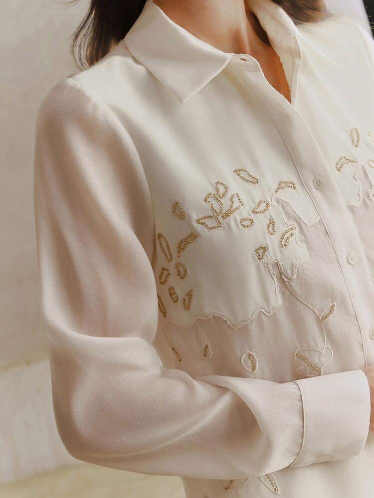Plus Size Women Elegant Fashion Sheer Mesh Embroidered Beaded Blouse