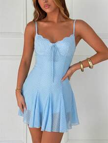 SHEIN EZwear Blue Polka Dot Casual Vacation Spaghetti Strap Mini Dress, Summer - Blue - View 4