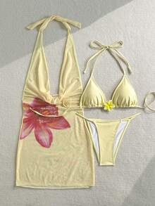 SHEIN WYWH Conjunto de pareo para traje de baño de vacaciones en la playa para mujer - Amarillo - Ver 3
