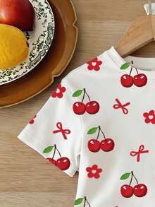 2026夏季时尚女童套装，樱桃印花上衣和柔软春夏两件套，夏季儿童礼物 - 彩色 - 查看 5