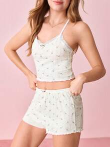 Bonmuse Ditsy Floral Knit Fitted Women's Pajamas Set Floral Pajama Set Two Piece Summer Set Bountiful Floral Splendor  Cozy And Elegant Detailsfor Summer - Beige - View 4