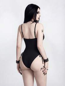 ROMWE Goth 女士纯色侧系带连体泳衣，深色款 - 黑色 - 查看 2