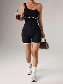 Dewbera Seamless Sports Yoga One-Piece Shorts/White Stripes/Body-Hugging/Fashionable Sexy/Versatile/Comfortable/Fitness/Outdoor Running Sports Outfits For Women Sports Romper Gym Dresses Gym Rompers For Women Gym Outfit For Women Jumpsuit Athletic Rompers For Women Sport Dress For Women Tummy Control Romper - Black - View 5