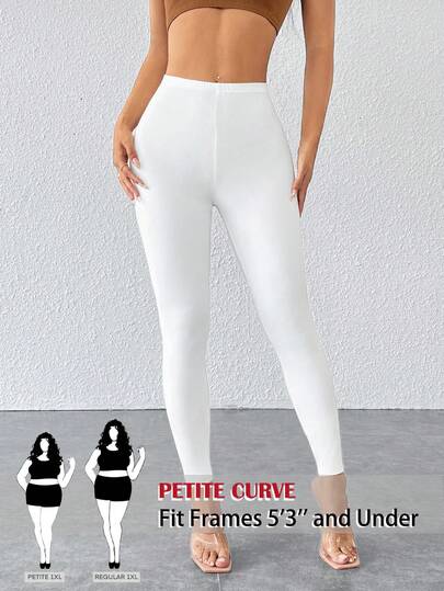 SHEIN PETITE CURVE Plus Size Solid Color Elastic Leggings, Casual Daily Wear, Suitable For Winter, Spring, Valentine's Day, Made Of PU Material, Carnival Costume, Party, Casual, Commute, Office, Graduation Ceremony And Other Occasions,Suitable For Occasions Such As Summer, Spring, Valentine's Day, Carnival, Beach, Vacation, Leisure, Parties, Weddings, Etc., Elegant And Fashionable,Mother's Day,King's Day, Summer Outfit For Women, Festival Outfits For Women, Summer Outfits For Women, Graduation, Women's Sweatpants, Office Attire For Women White Pants