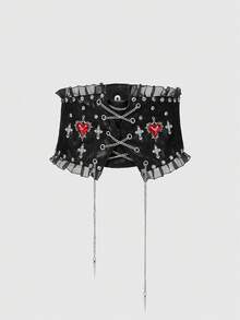 ROMWE Goth 1件裝女款黑色油滴愛心水鑽十字金屬爪飾美甲鏈條蕾絲裝飾彈性帶材質鈕扣腰帶，洋裝牛仔褲配件，日常百搭派對送禮首選 - 愛心十字架蕾絲腰封 - 查看 1