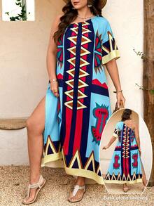 SHEIN Holidaya Plus Size Women's Geometric Print Asymmetric Shoulder Slit Hem Loose Long Dress, Casual For Spring/Summer Vacation & Outdoor Beach - Multicolor - View 1
