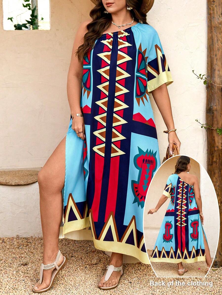SHEIN Holidaya Plus Size Women's Geometric Print Asymmetric Shoulder Slit Hem Loose Long Dress, Casual For Spring/Summer Vacation & Outdoor Beach - Multicolor - View 1