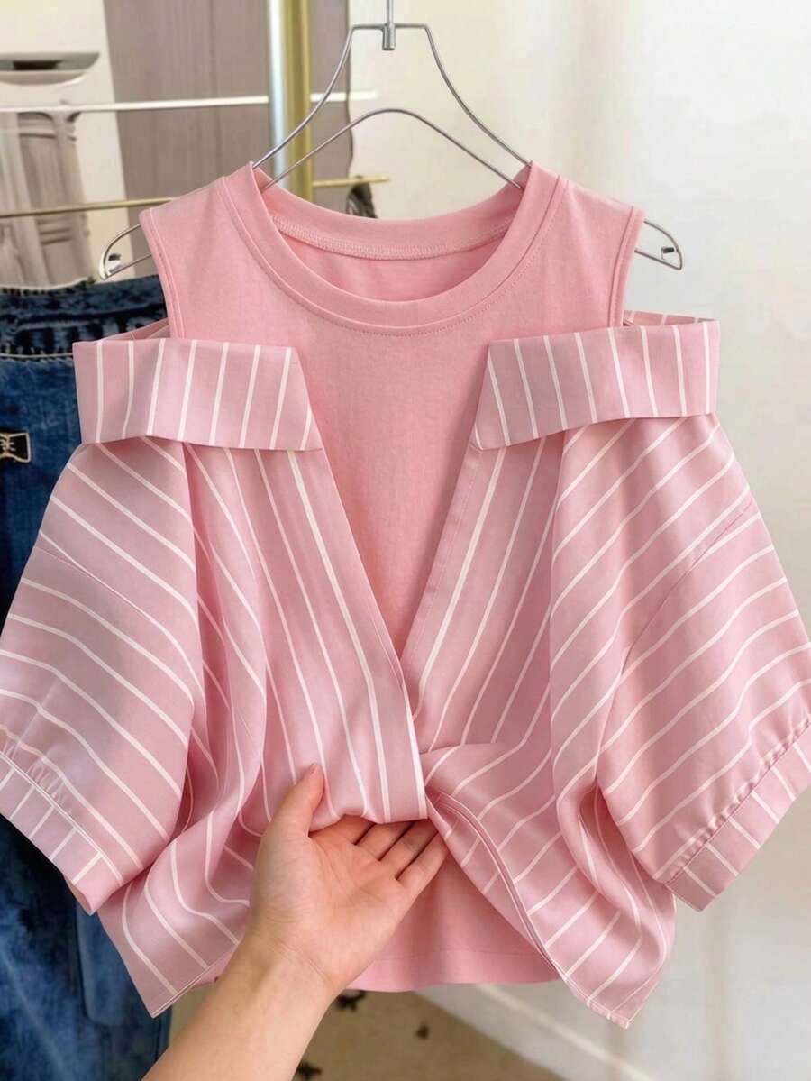 Bộ đồ đi nghỉ mát gồm áo sơ mi giả hai mảnh kẻ sọc dành cho nữ. - Hồng - Xem 1