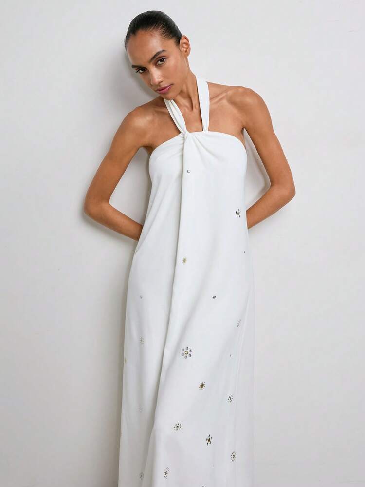SHEIN Maija Women's Rivet Decor Pleated Casual Elegant Party Dress White Dresses For Ladies New Collection Dress Party Summer