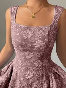 Vestido mini azul de mujer con cuello ancho, sin mangas, cintura recogida y textura de jacquard, elegante y romántico para graduación, baile de graduación, fiesta, festival de músi - Rosa vieja - Ver 10