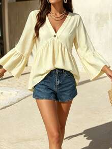 EMERY ROSE White V-Neck Ruffle Sleeve Women's Casual Shirt - Apricot - View 6