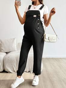 SHEIN Pregnant Women Casual Daily Pocket & Button Decor Jumpsuit - Black - View 4