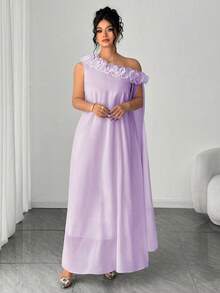 Elenzga Elegant Women's Ruched Design 3D Floral Single Sleeve Dress Fall - Mauve Purple - View 6