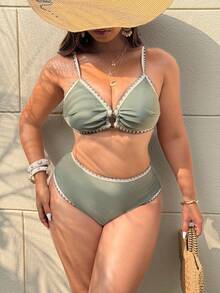 Swim Vcay 2026 New Plus Size Women 2-Piece Contrast Color Floral Elegant Fashion Swimwear Set - Olive Green - View 3