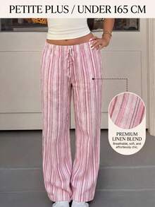 SHEIN PETITE CURVE Quần ống rộng kẻ sọc hồng dành cho nữ cỡ lớn, thích hợp mặc đi nghỉ mát. - Hồng - Xem 9