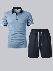 Manfinity CasualCool Men's Contrast Color Collar Waffle Polo Shirt And Shorts Set - Multicolor - View 3