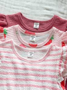 Vintaside Kids 3件套女童夏季草莓条纹短袖连衣裙套装，适合外出、休闲穿着、派对场合 - 彩色 - 查看 4