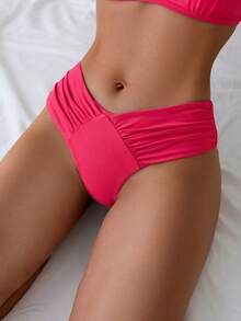 Swim Basics Bottom de bikini con fruncidos de color liso y escote en V para mujer, ropa de baño de verano - Rosado Sandía - Ver 1