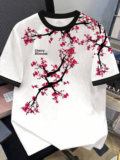 Manfinity Joysei Watercolor Ombre Pink & White Sakura Print Loose Short Sleeve T-Shirt, Retro Artistic Street Style Tee, Round Neck Drop Shoulder Short Sleeve, Summer Couple Top, Men/Women Graphic Tee, Casual Summer Top