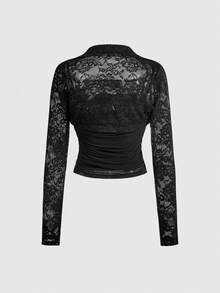 ROMWE 2 Stück/Set Mesh & Spitze Trägerhemd und kurze Spitzen Bolero - Schwarz - Übersicht 2