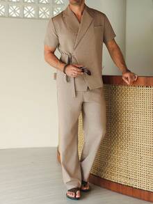 Manfinity RSRT 男士成熟休闲西装领口设计上衣和长裤衬衫套装 - 藕粉色 - 查看 5