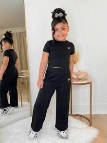 SHEIN 2pcs Young Girl Bow Print Knit Set, Casual Versatile Fashion Outfit - Black - View 7