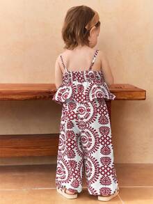 SHEIN Baby Girl Vacation Floral Print Ruffle Hem Camisole - Red - View 2