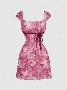 Floral Print Mesh Pleat Dress With Bow - Beige - View 4
