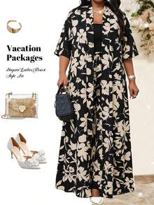 SHEIN Lady Setelan Kimono dan Celana Panjang Lengan Pendek Motif Bunga Ukuran Besar untuk Wanita (2 Potong) - Hitam dan Putih - View 5