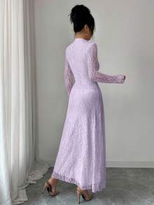 Modelyn 高領透視花卉蕾絲長袖長洋裝，前綁帶蝴蝶結抓皺腰線飄逸長版派對洋裝 - 紫色 - 查看 2