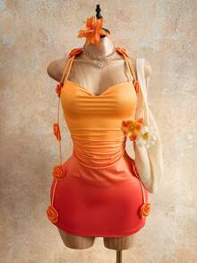 Mistrie 女士3D立体渐变花卉吊带连衣裙 - 亮橙色 - 查看 1