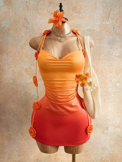 Mistrie 女士3D立体渐变花卉吊带连衣裙