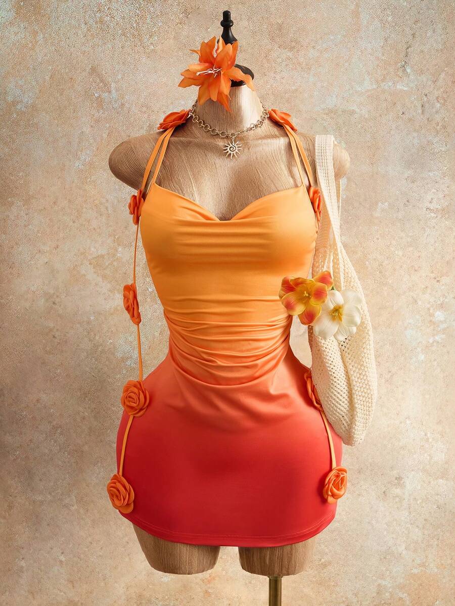 Mistrie 女士3D立体渐变花卉吊带连衣裙 - 亮橙色 - 查看 1