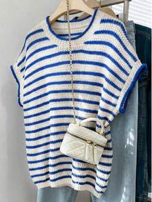 Resyla 女士休闲条纹蝙蝠袖宽松针织上衣，适合夏季度假 - 彩色 - 查看 1