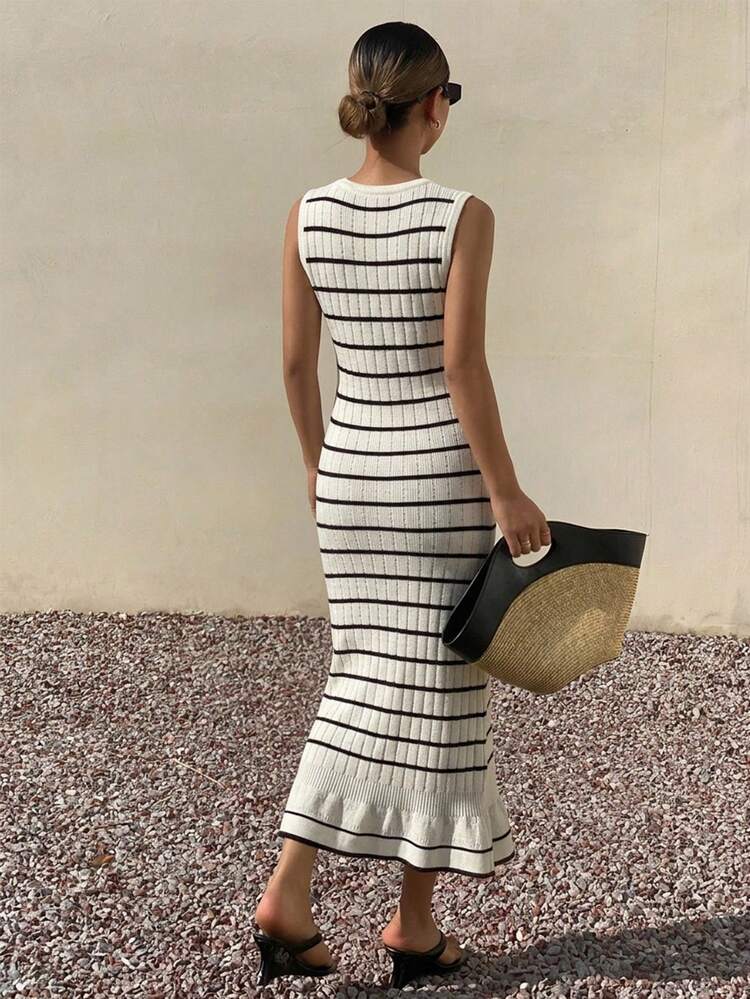 Women's Elegant Turndown Collar Colorblock Striped Knit Dress, Summer