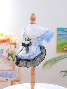 PETSIN 1 bộ váy cho mèo/chó, váy hầu gái dễ thương cho thú cưng, váy hóa trang tay phồng kẻ caro xanh dương cho chó nhỏ. - Màu xanh lam - Xem 5