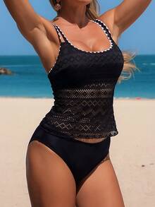 Swim Lushoire 26SS 春夏沙滩度假黑色蕾丝鲨鱼齿饰边黑白保守吊带比基尼两件式泳衣 - 黑色 - 查看 4