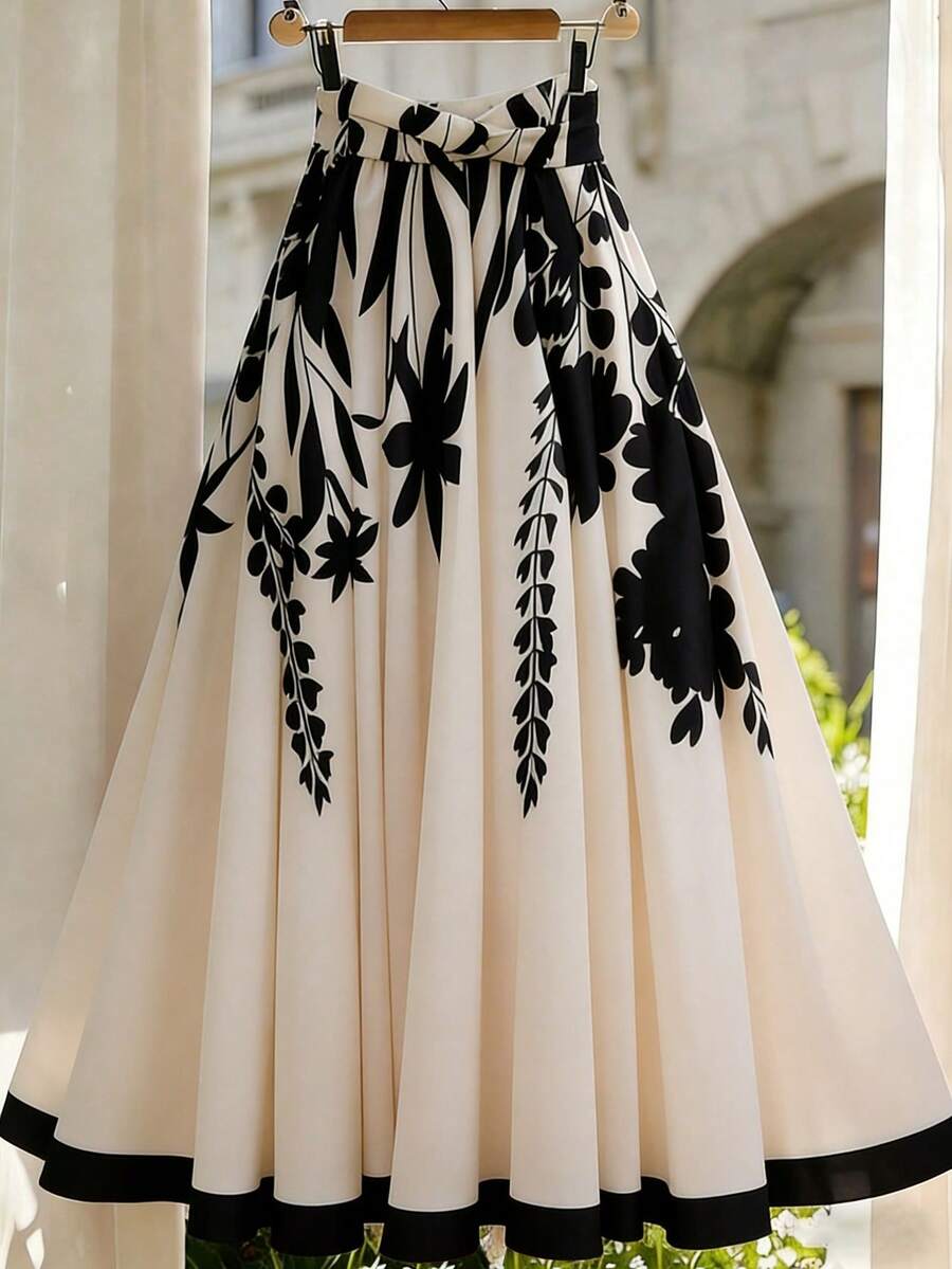 SHEIN Franclia 时尚女士印花A字裙，松紧腰带饰有扭结细节，款式新颖独特。 - 彩色 - 查看 1