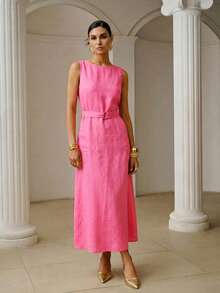 ZEYLAH 亚麻束带连衣裙 - 玫紅色 - 查看 5