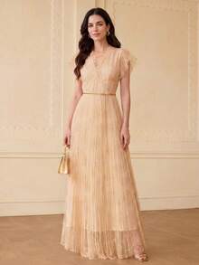 ZEYLAH 女士V领褶皱长袖连衣裙，春夏款 - 杏色 - 查看 5