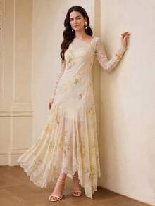 ZEYLAH 女士不对称下摆浪漫长裙，腰部收紧设计，适合春夏穿着 - 杏色 - 查看 6