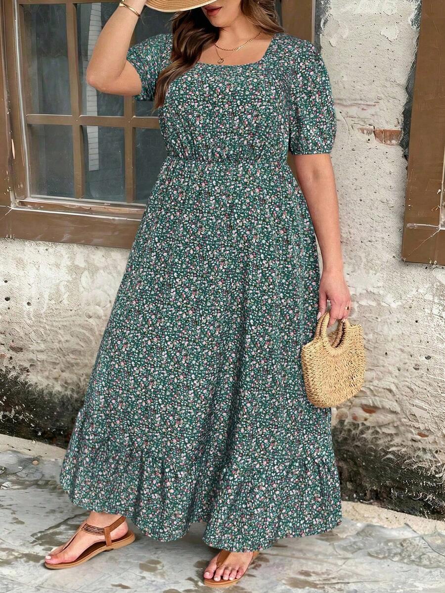 SHEIN Clasi 大尺碼女款碎花方領泡泡袖休閒洋裝 - 綠色 - 查看 1
