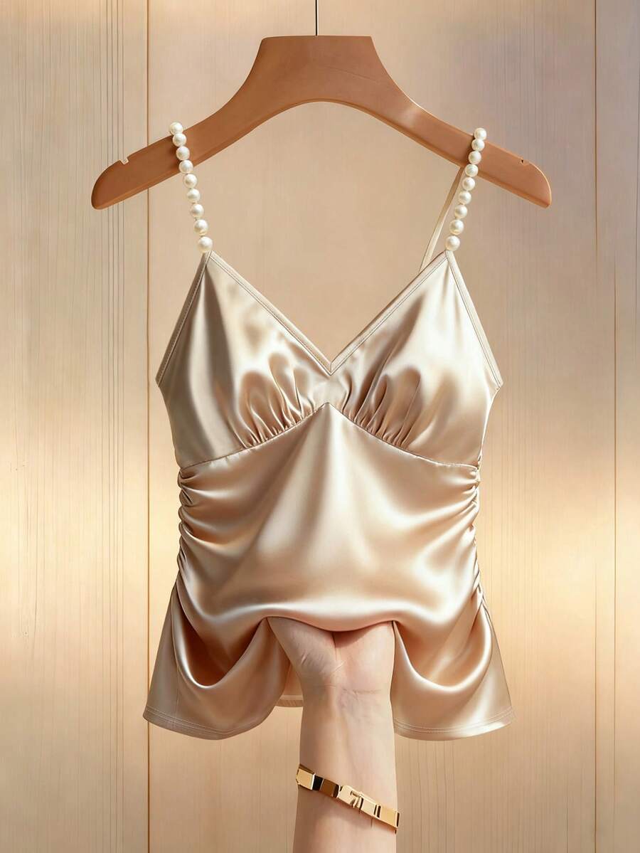 Franclia Women's Elegant Pleated Pearl Strap Top,Beige Cream Satin Ruched Fitted Camisole,Shiny Cami,Summer Night Out,Seductive White Gold - Champagne - View 1