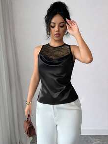 Pariaura Top de camisola elegante de encaje francés y satén, ropa sexy para vacaciones - Negro - Ver 8