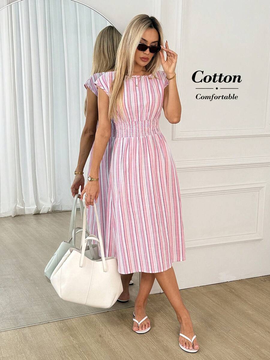 Easowa Women's Casual Striped Waist-Cinched Mid-Length Dress, Summer Pink Dress Cotton Dress  Casual Dresses For Women Summer Dress Y2k Elegant Dresses For Women - Baby Pink - View 1